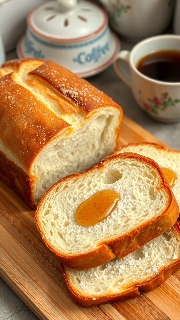 Homemade Bread for French Toast Recipe A loaf of homemade bread sliced for French toast, with syrup and powdered sugar on a wooden board.